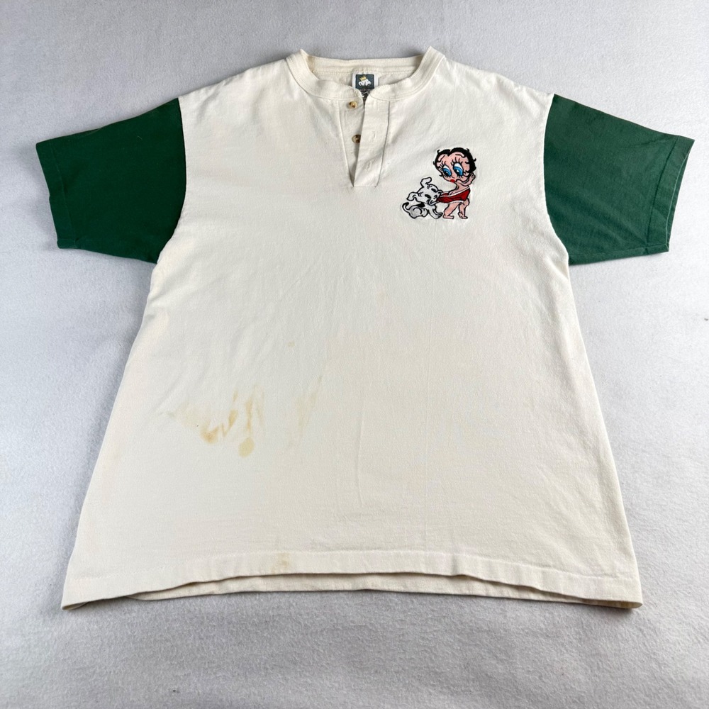 Vintage Betty Boop Henley Anvil Shirt Men's Large Cream/Green Embroidered 90s